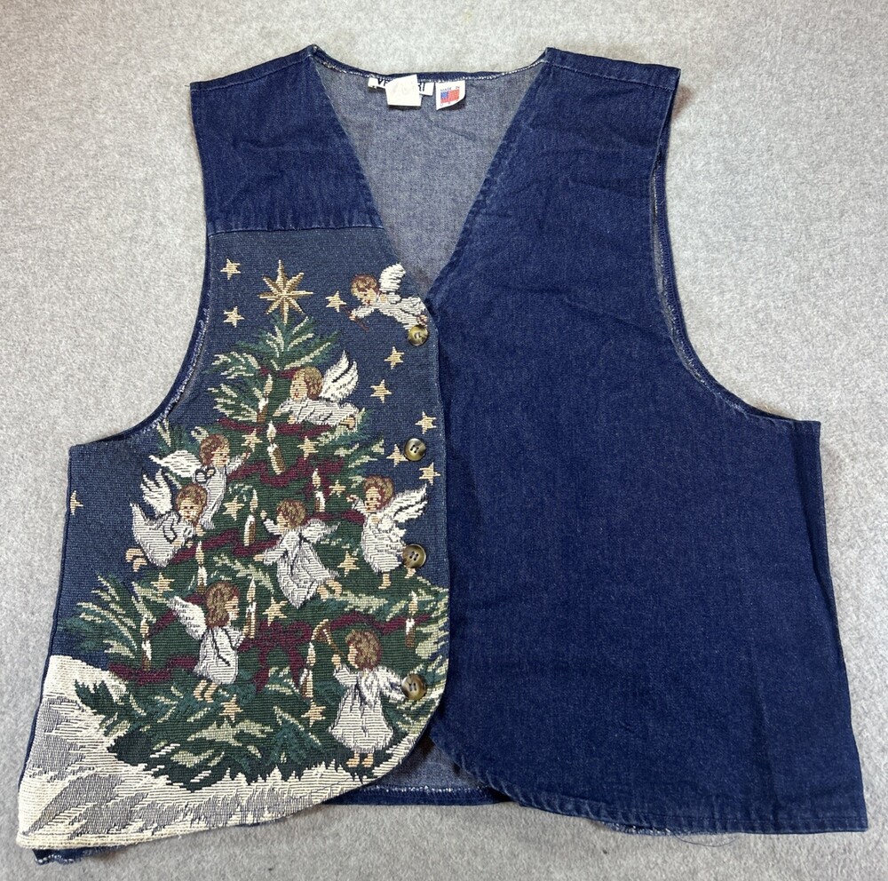 Vintage Christmas Tree Denim Vest Size Large Holiday Tapestry Angel Cherubs Star